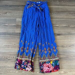 Ett Twa Anthropologie Wide Leg Pants Size 2 Blue Floral Boho Whimsical Tie Waist